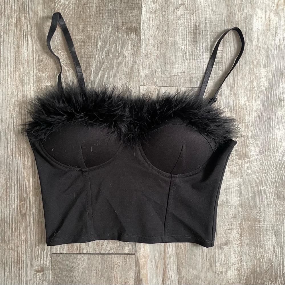Black furry trim bustier top